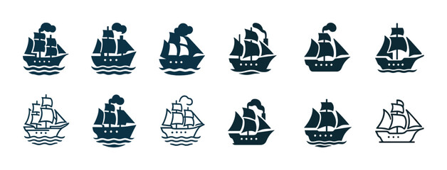 Set of nautical ship silhouettes with diverse sailing vessels icons