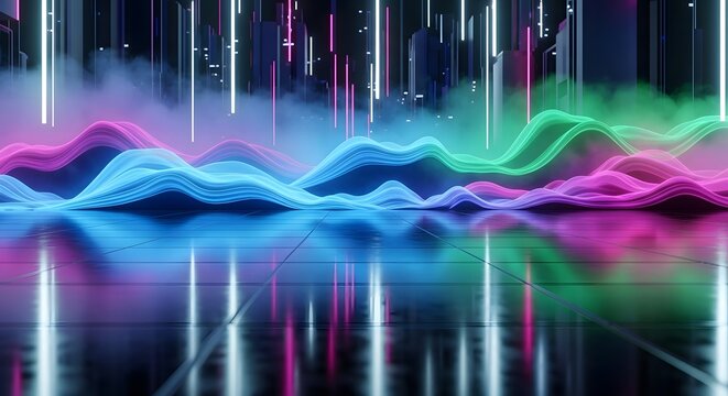 Glowing neon sound waves create a vibrant digital landscape with futuristic light trails reflecting on a glossy surface