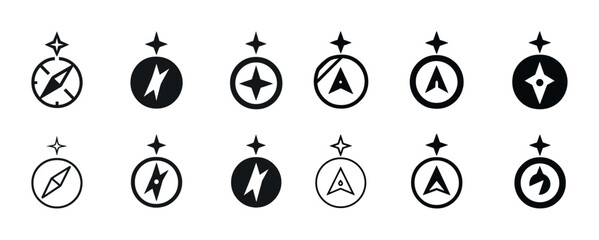Set of minimalist black compass icon designs with directional arrows and star motifs