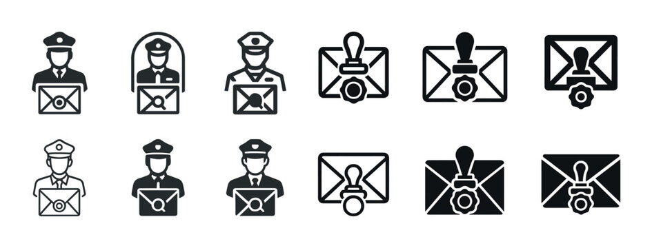 Mail delivery icons: postal worker and envelope symbols collection