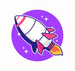 Colorful cartoon rocket blasting through space with stars in the background