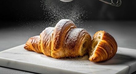Freshly baked golden croissants being dusted with powdered sugar on a marble board