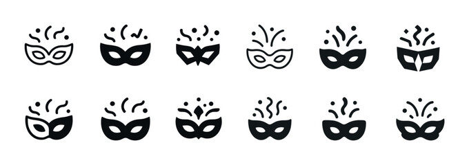 Set of black masquerade mask icons with decorative elements