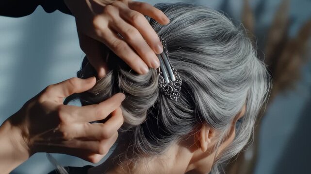 Woman's Hands Styling Elegant Updo With Silver Hair Clip in Studio