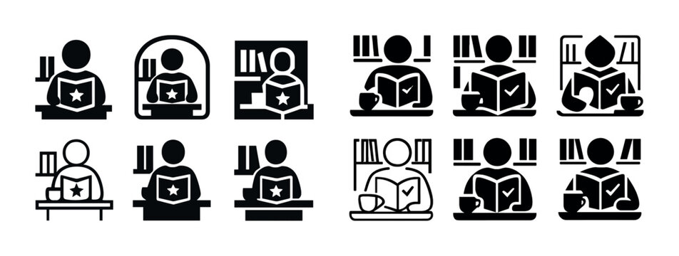 Diverse student study icons with books and laptop in various styles