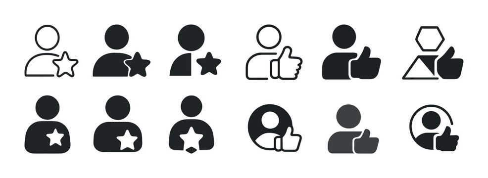 Icon set of people with star and thumbs up in black and white