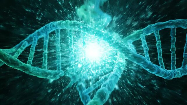 Abstract Blue And Green Double Helix DNA Strand Rotating With Particles And Light Effects On A Dark Background Representing Genetics Science