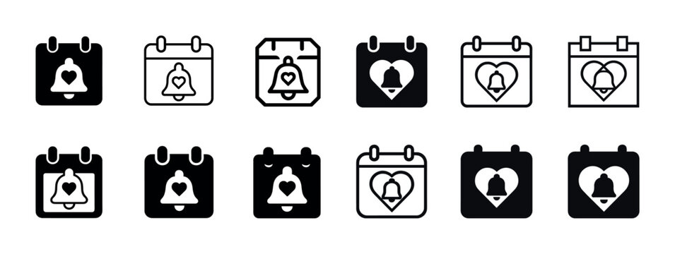 Calendar and notification icons set: bells and hearts in black and white