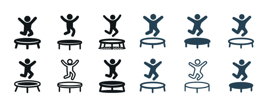 Silhouettes of humans jumping on trampolines in various poses