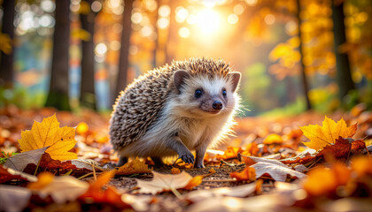 A charming little hedgehog explores a sun-dappled autumn forest floor, surrounded by vibrant golden and orange fallen leaves, embodying the cozy spirit of the fall season