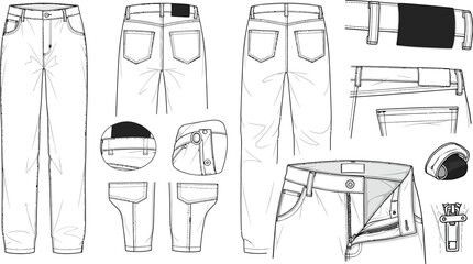 Technical drawing of jeans with various details shown in black and white line art style illustration