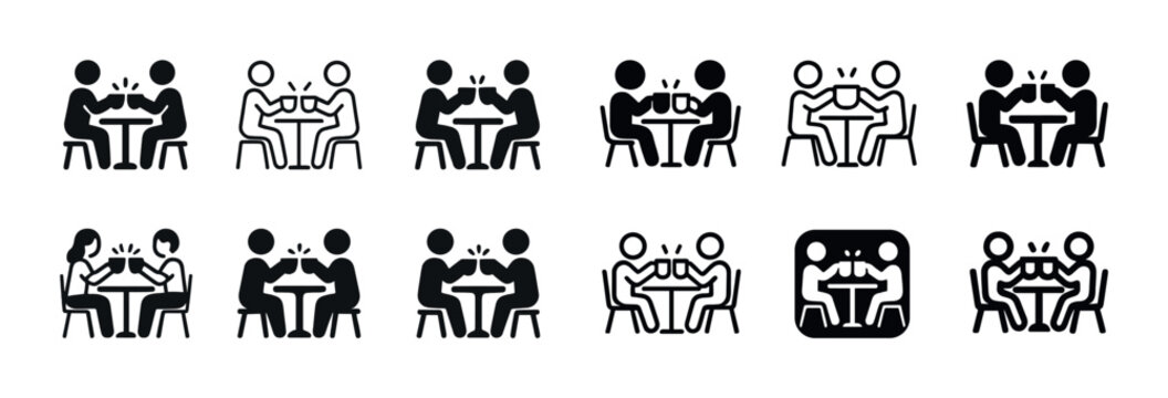 Icon set illustrating diverse figures in conversation over meals