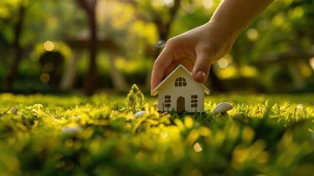A child's hand holding a small model house in a lush, green garden with sunlight filtering through the trees.