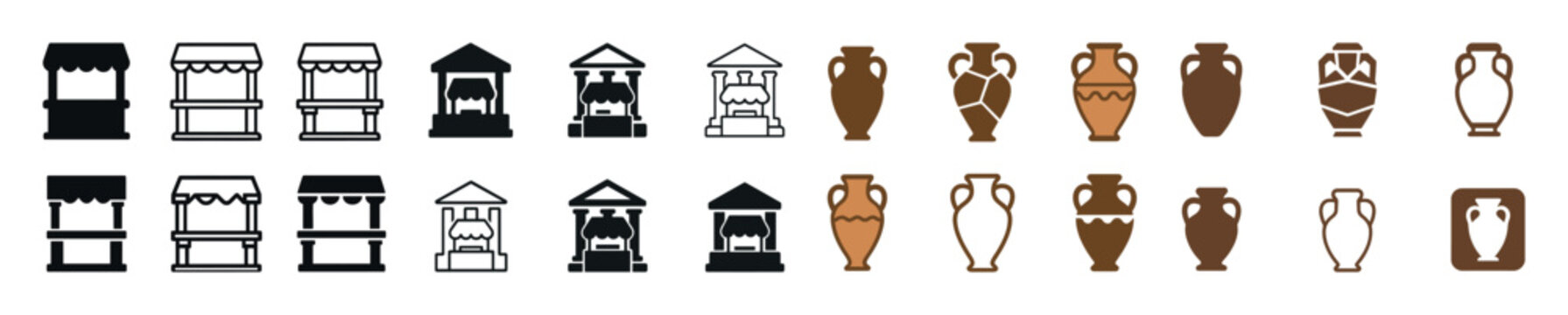 Icon set of market stalls and ancient vases in various styles and colors