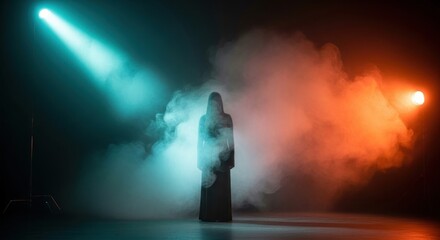 A woman in a black dress stands in a foggy, dimly lit room with a spotlight on her.