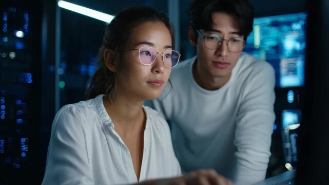 Asian IT Professionals Working on Computer at Night in Data Center