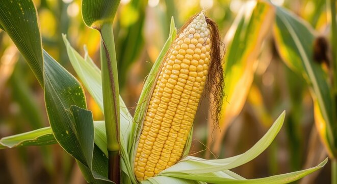 A mature ear of corn growing on a stalk in the field