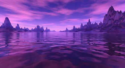 Serene Purple Water Landscape with Jagged Mountains Reflected Under a Vibrant Sky