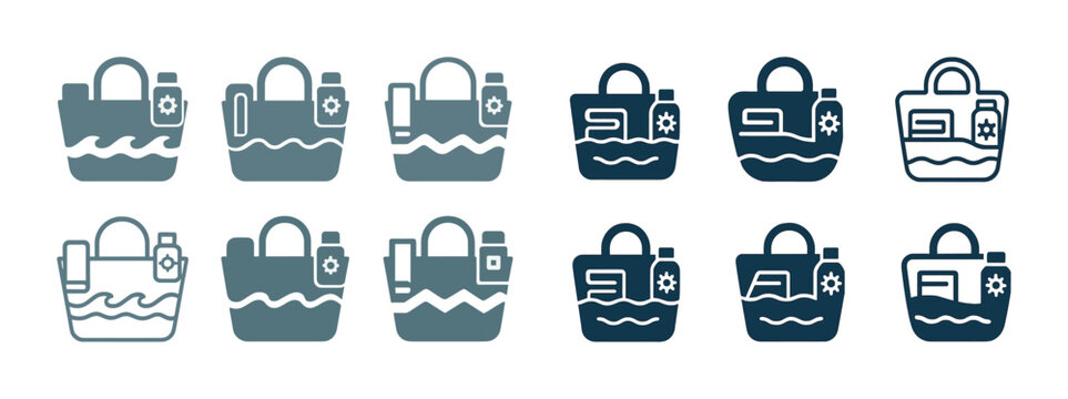 Beach bag icon set in various styles with summer essentials