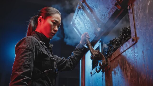 Asian Woman Opens Rusty Metal Door in Dark Interior With Lever Arm