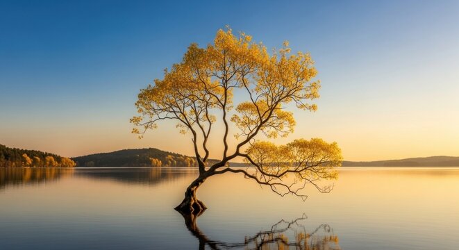A lone tree with yellow leaves on a calm lake at sunset.