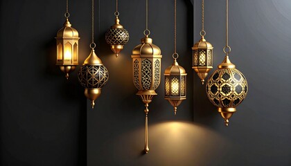 Elegant golden lanterns illuminating a dark wall with a warm festive glow