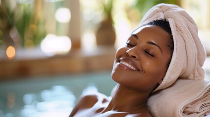 A serene woman with a towel on her head, relaxing in a spa setting with a pool and plants in the background.