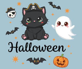 Halloween cartoon with pirate cat, ghost, pumpkin, bats, skull, festive spooky theme for kids, cute design - flat vector illustration