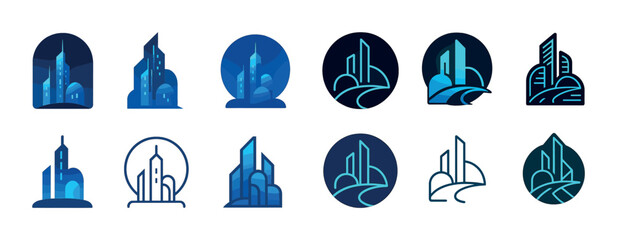 Modern cityscape icons in blue tones depicting architectural skyscrapers in various designs