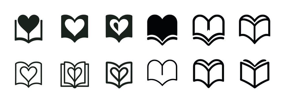 Heart and book icons in various styles and designs