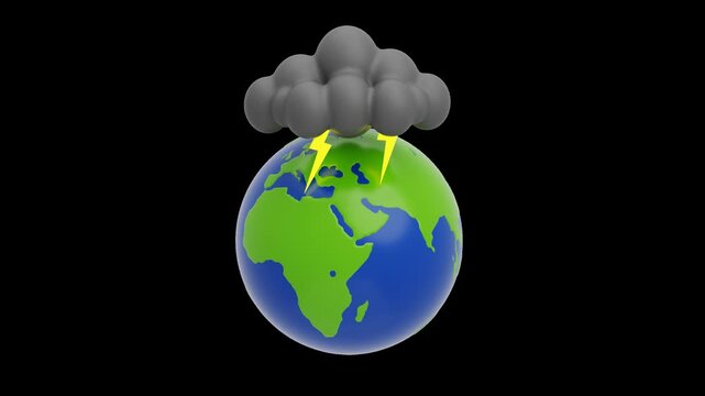 3D Globe With Thundercloud Lightning Bolt | Alpha Channel