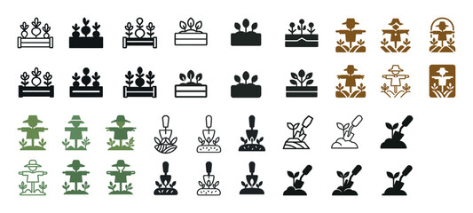 Set of garden icons featuring plants and farming tools in various styles