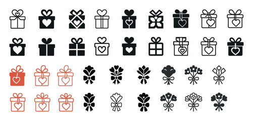 Gift box and bouquet icon set - heart motif, linear and solid styles