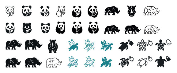 Obraz premium Panda rhino turtle icons collection in black and teal