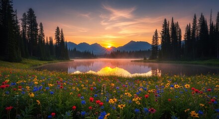 A serene mountain lake at sunset with vibrant wildflowers and a reflection of the sky in the water.
