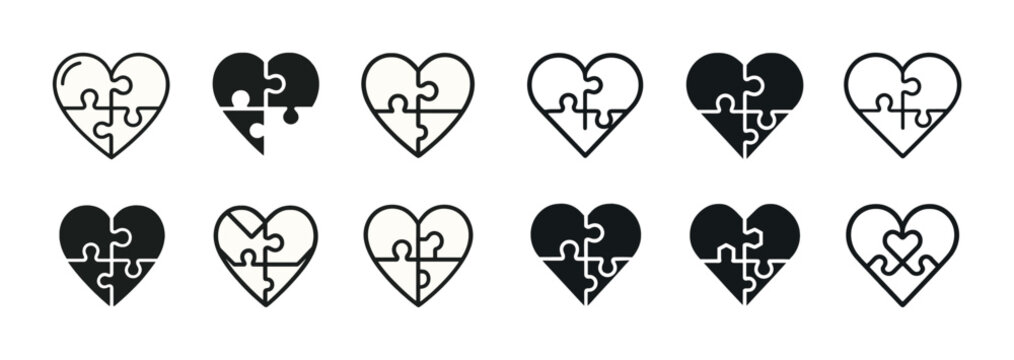 Heart puzzle icon collection: black and white variations