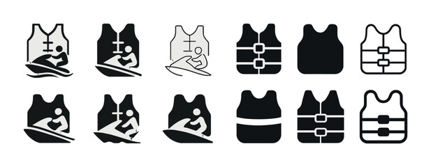 Set of water sports icons featuring life jackets and surfing figures