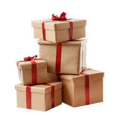 Obraz premium A stack of wrapped gift boxes with red ribbons on a white background.
