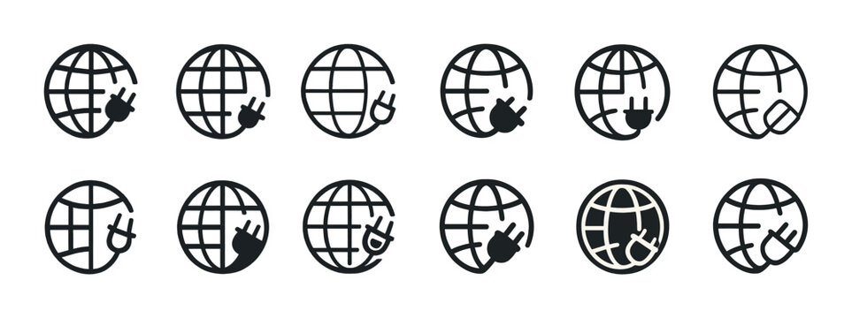 Globe with plug icons representing global connectivity and power connections
