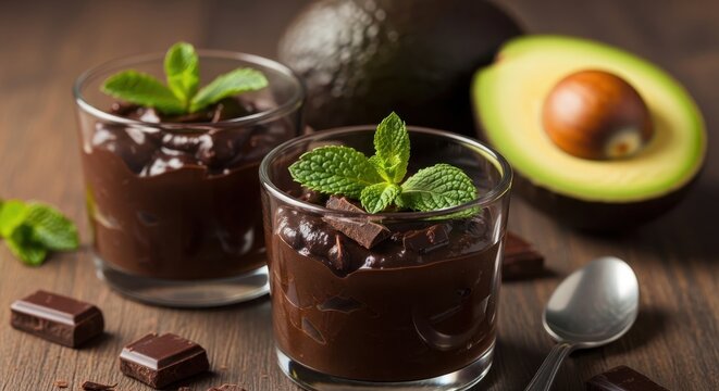Close up view of avocado chocolate pudding garnished with mint leaves - Powered by Adobe