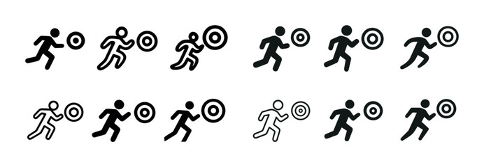 Set of running athlete icons with target symbol in various styles