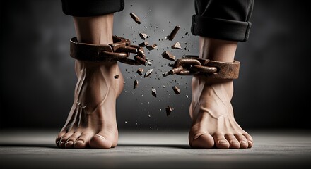 Feet breaking free from ankle shackles, impactful human-rights art