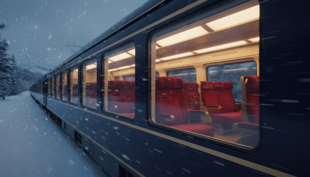 A passenger train traveling through a snowy winter landscape at night. Side view of an empty carriage in motion with warm light from the windows - Powered by Adobe