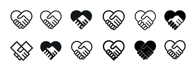 Set of heart and handshake icons symbolizing unity and cooperation