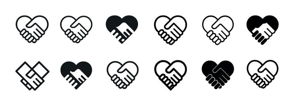 Set of heart and handshake icons symbolizing unity and cooperation