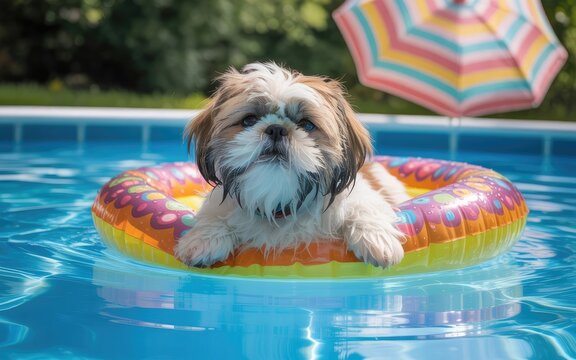 Adorable Shih Tzu puppy relaxing in a colorful pool float, enjoying a refreshing summer swim on a sunny day, making precious memories in the cool water