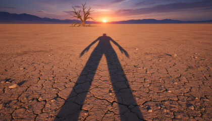 Long shadow of a person on a dry cracked desert landscape at sunset. Arid environment with a solitary dead tree. Global warming and drought concept