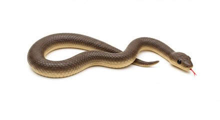 Smooth brown snake slithers gracefully on bright white background under soft even studio light showing its red tongue. AI Generated