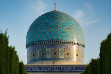 An Ornate Turquoise and Blue Tiled Dome of a Mosque Rises Towards a Clear Sky Framed by Green Trees and Evergreen Bushes