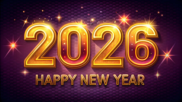 Shimmering gold 2026 new year celebration graphic with vibrant purple background and starbursts - Powered by Adobe